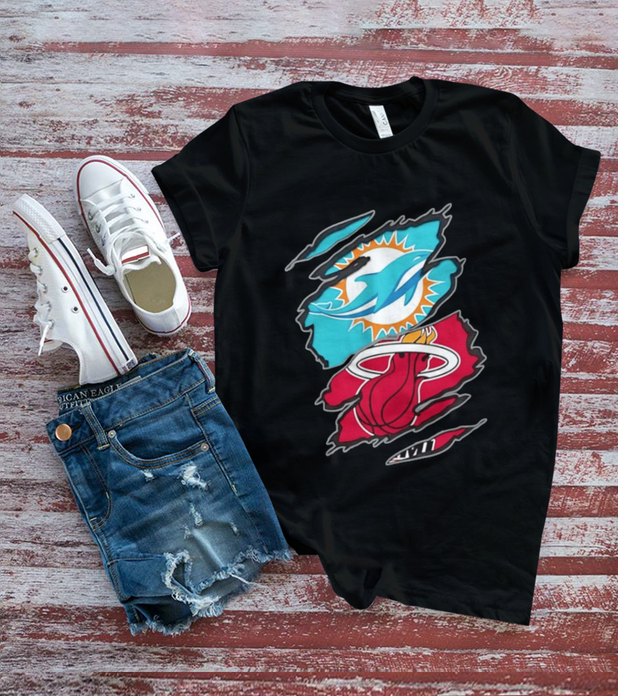 Miami Dolphins Miami Heat Two Teams One Heart Scratch T-Shirt