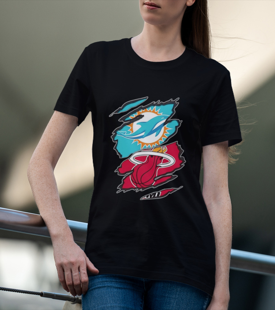Miami Dolphins Miami Heat Two Teams One Heart Scratch T-Shirt
