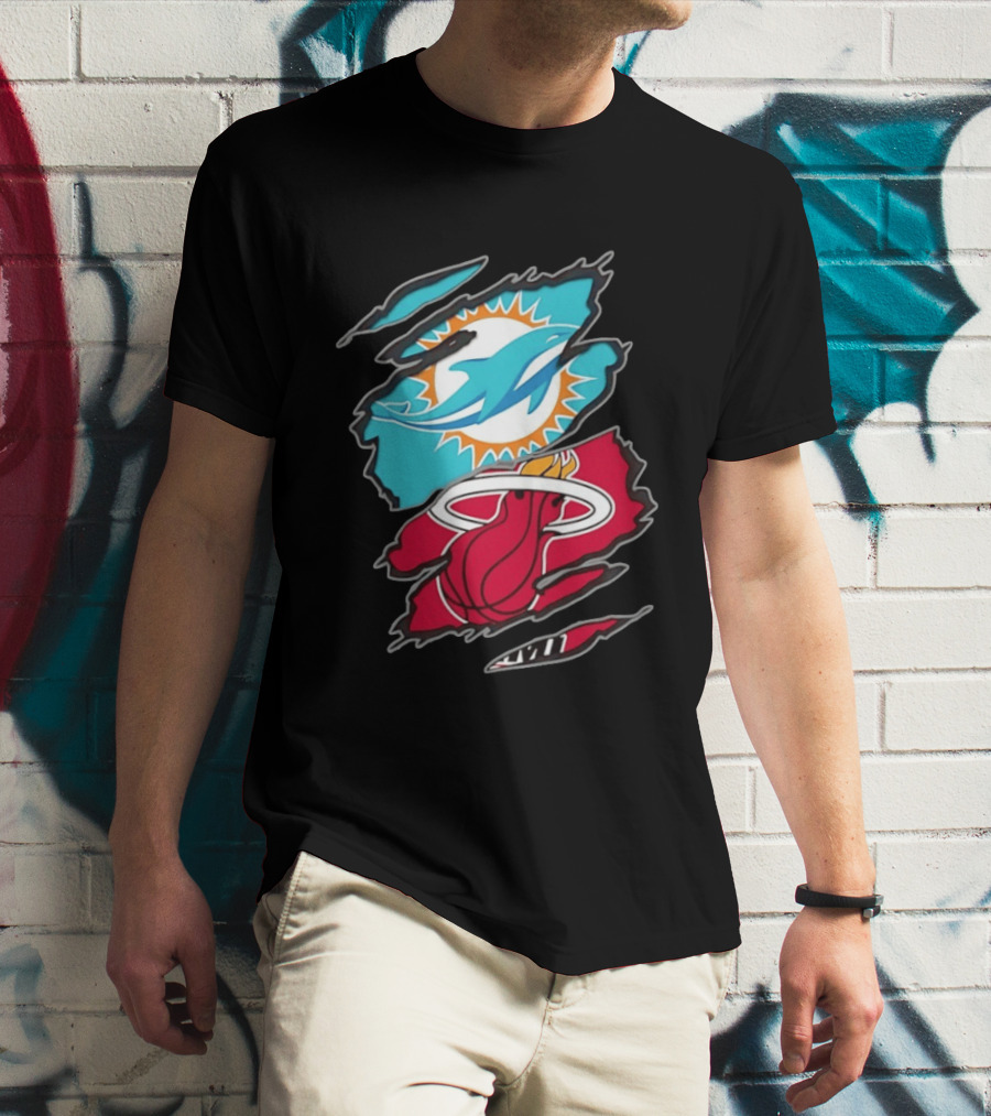 Miami Dolphins Miami Heat Two Teams One Heart Scratch T-Shirt