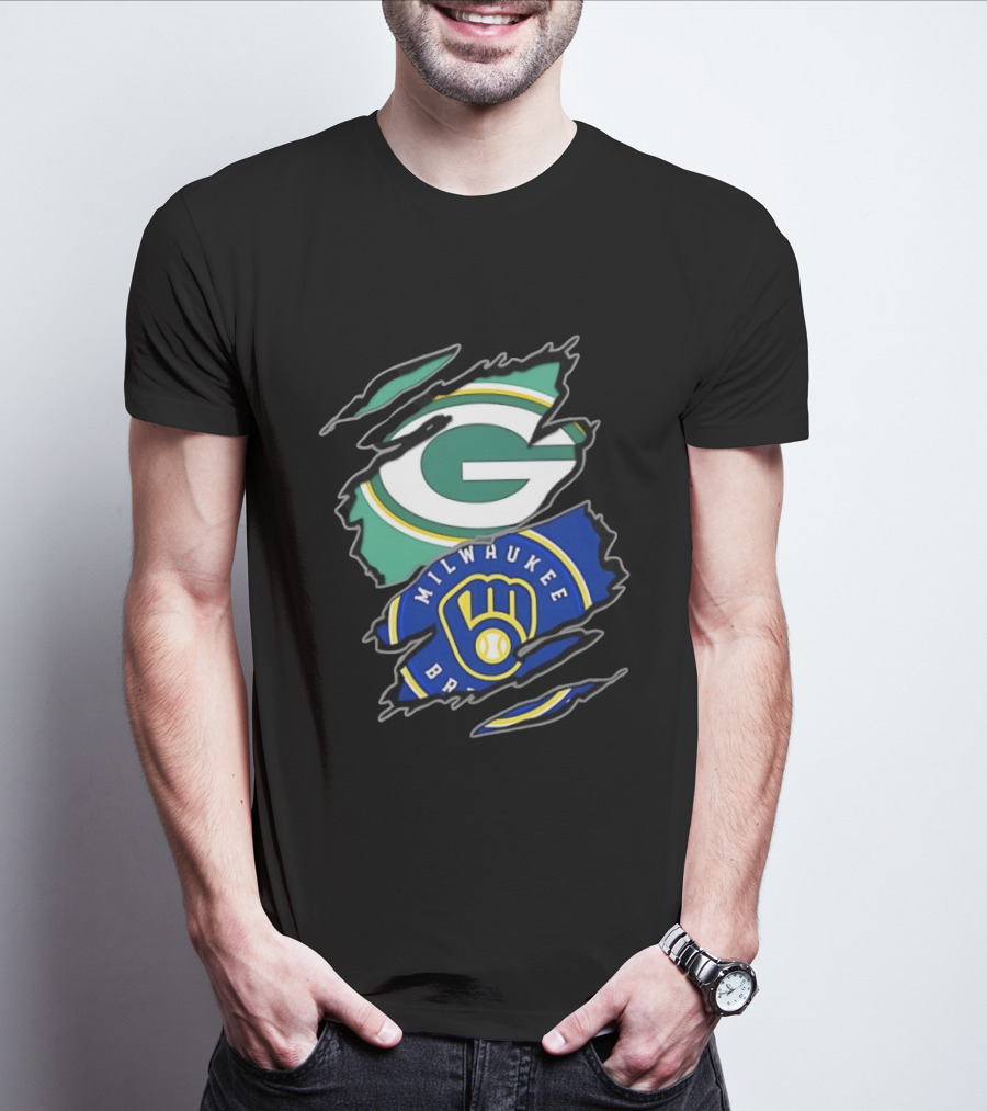 Green Bay Packers Milwaukee Brewers Two Teams One Heart Scratch T-Shirt