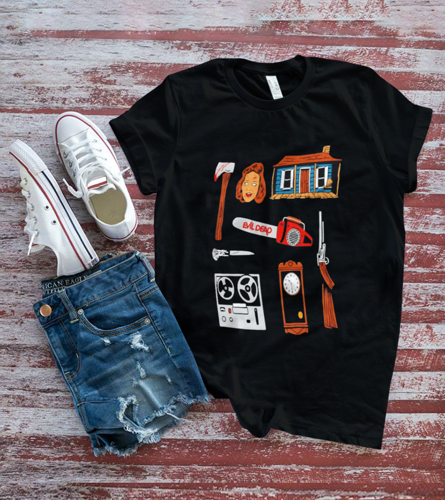 Evil Dead Horror Collage Chainsaw Cabin Axe Ash Williams T-Shirt