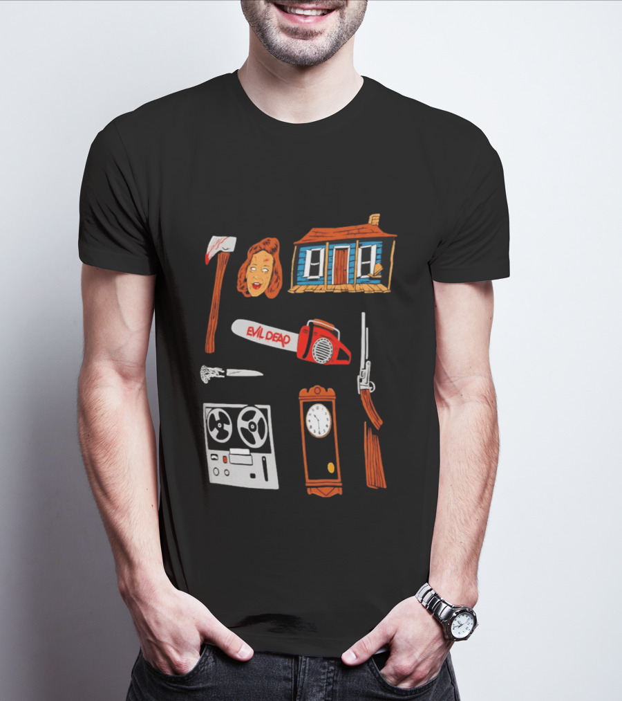 Evil Dead Horror Collage Chainsaw Cabin Axe Ash Williams T-Shirt