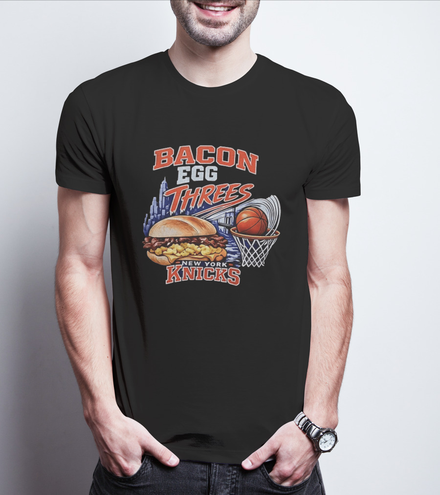 Bacon Egg And Threes New York Knicks Basketball Skyline Basketball Hoop Burger T-Shirt
