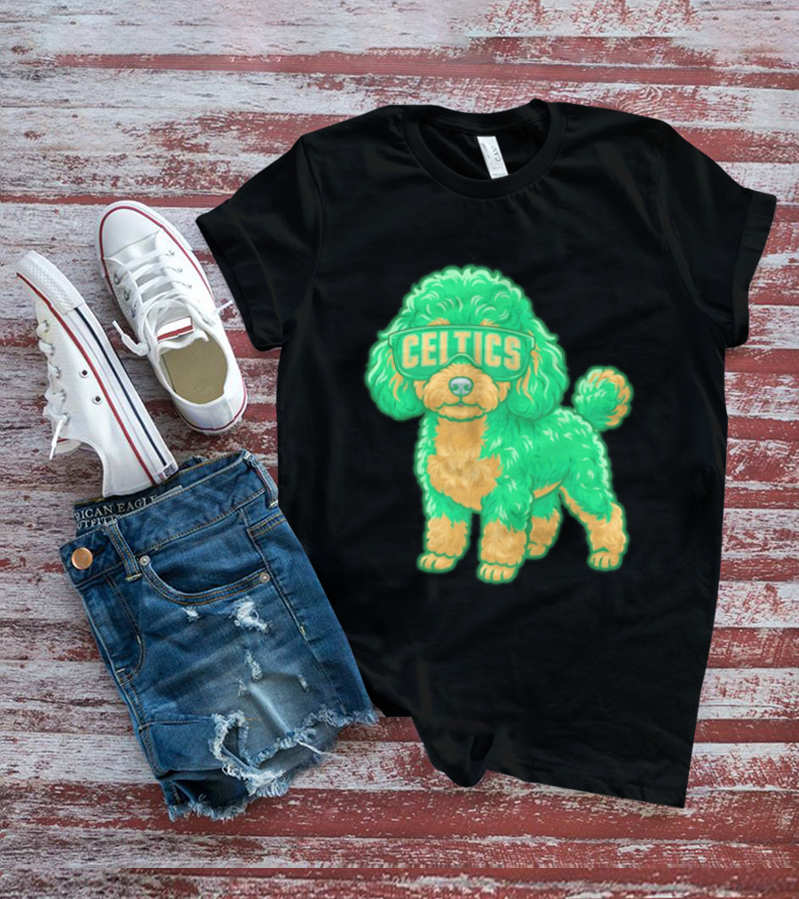 Boston Celtics Teacup Poodle Cartoon With Celtics Sunglasses T-Shirt