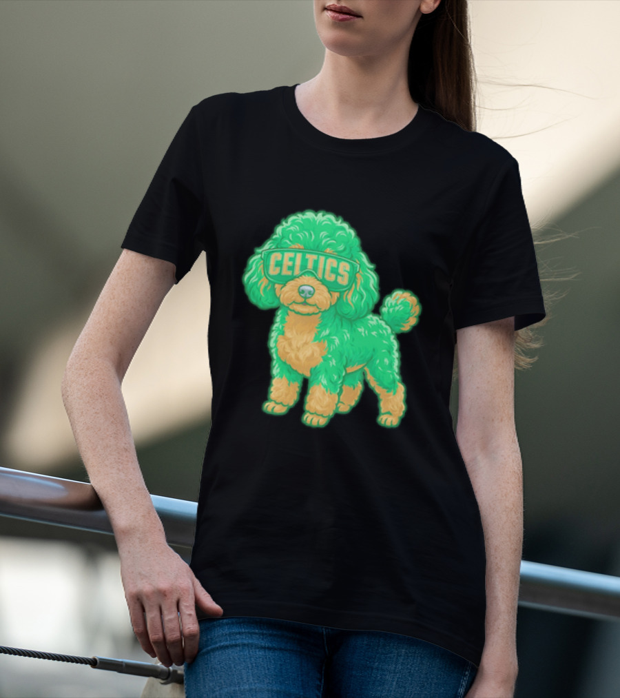 Boston Celtics Teacup Poodle Cartoon With Celtics Sunglasses T-Shirt