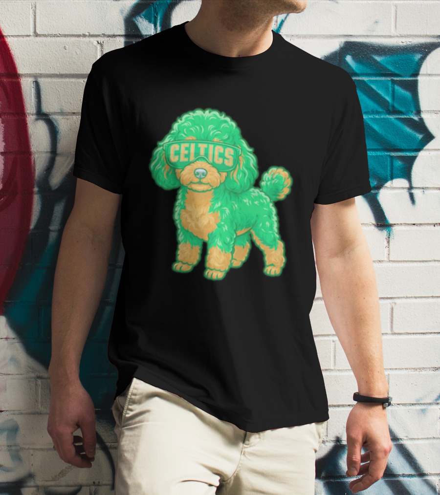 Boston Celtics Teacup Poodle Cartoon With Celtics Sunglasses T-Shirt