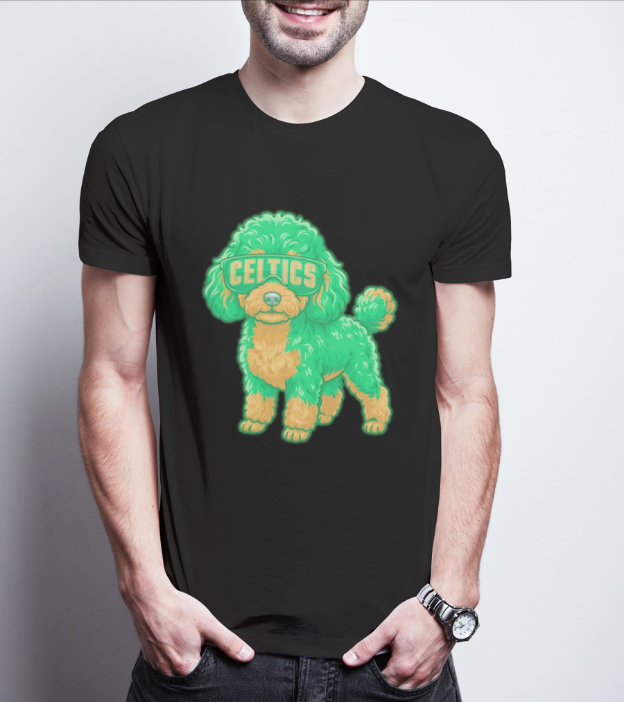 Boston Celtics Teacup Poodle Cartoon With Celtics Sunglasses T-Shirt
