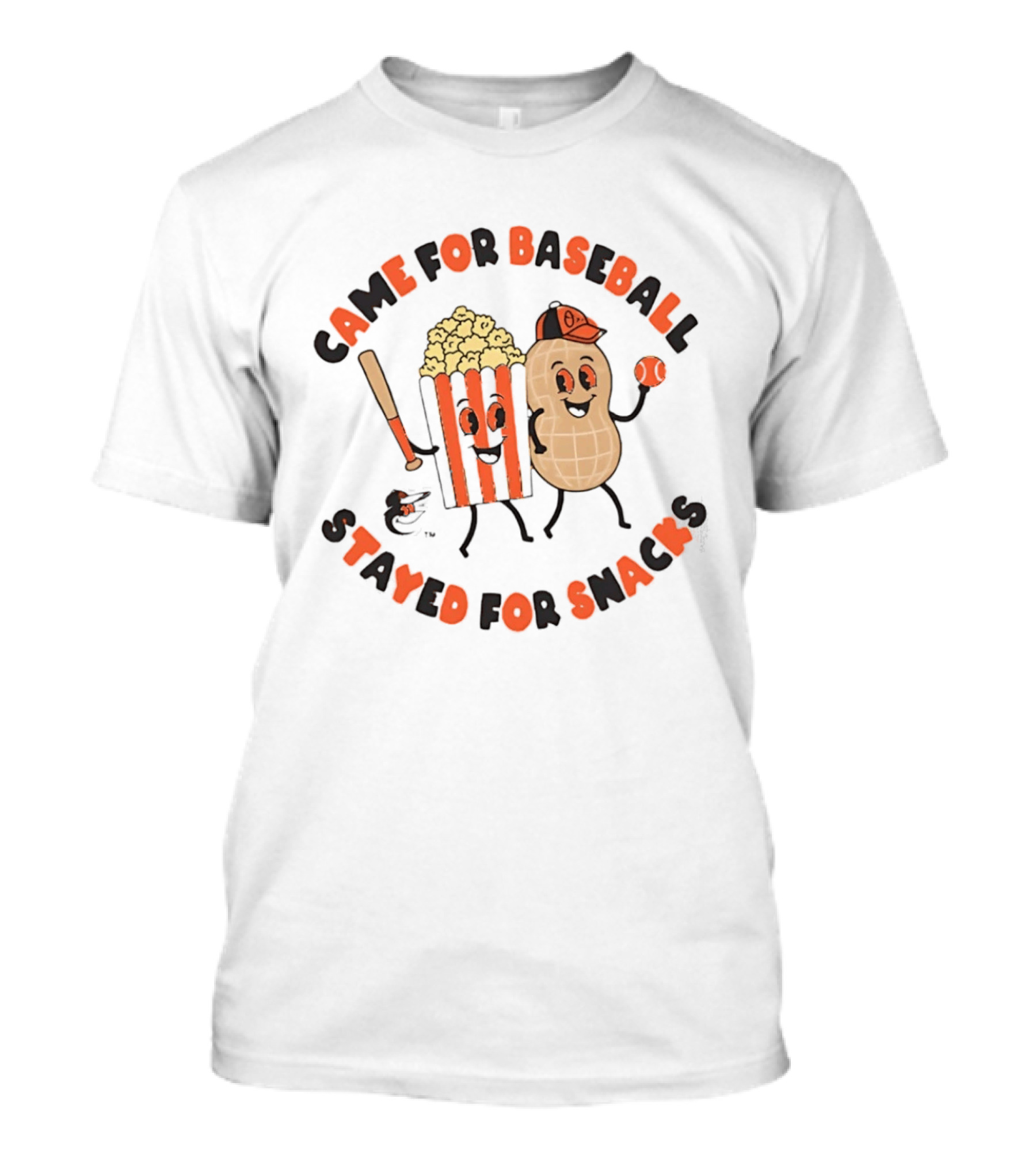Baltimore Orioles Came For Baseball Stayed For Snacks Popcorn Peanut Baseball Bat T-Shirt