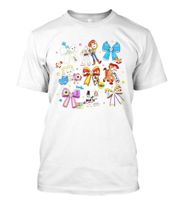 Woody Buzz Jessie Forky Andy Toy Story Characters With Colorful Bows T-Shirt