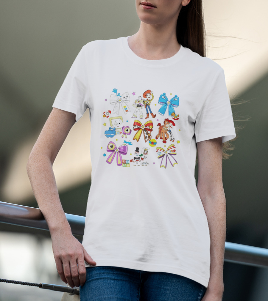 Woody Buzz Jessie Forky Andy Toy Story Characters With Colorful Bows T-Shirt