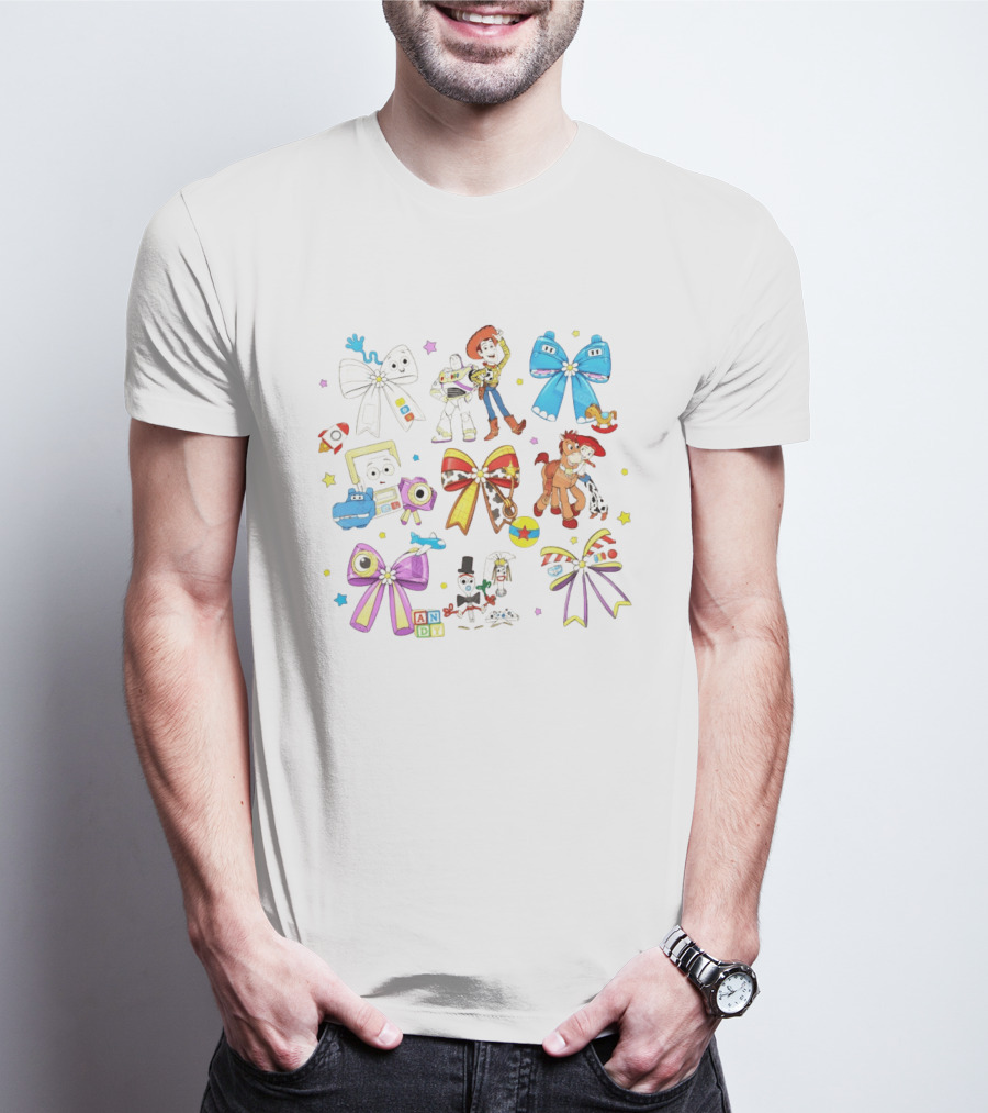 Woody Buzz Jessie Forky Andy Toy Story Characters With Colorful Bows T-Shirt