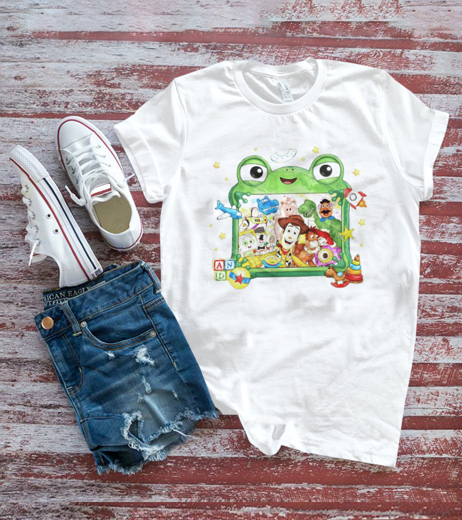 Woody And Buzz Lightyear Toy Story Characters Inside Frog Frame With Andy Blocks T-Shirt