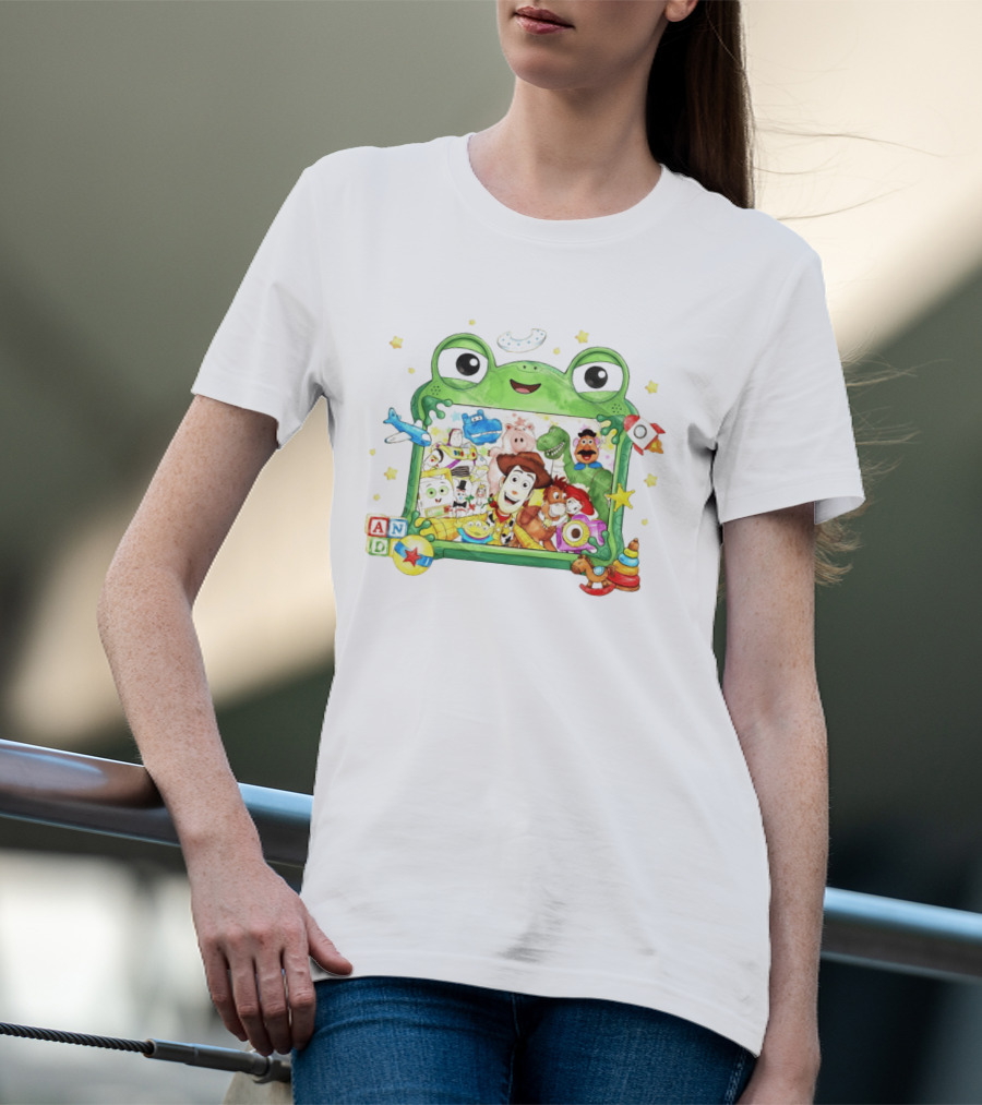 Woody And Buzz Lightyear Toy Story Characters Inside Frog Frame With Andy Blocks T-Shirt