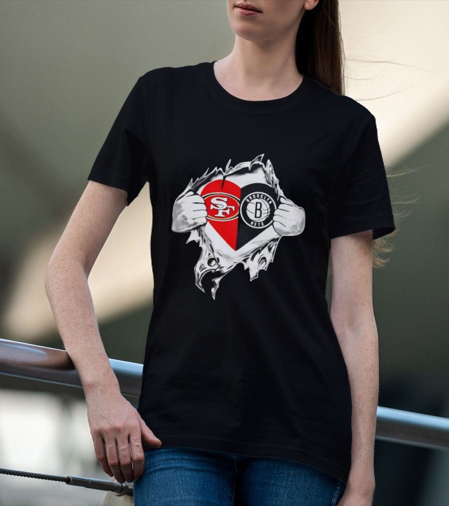 San Francisco 49ers Brooklyn Nets Heart Design Scratch Image T-Shirt