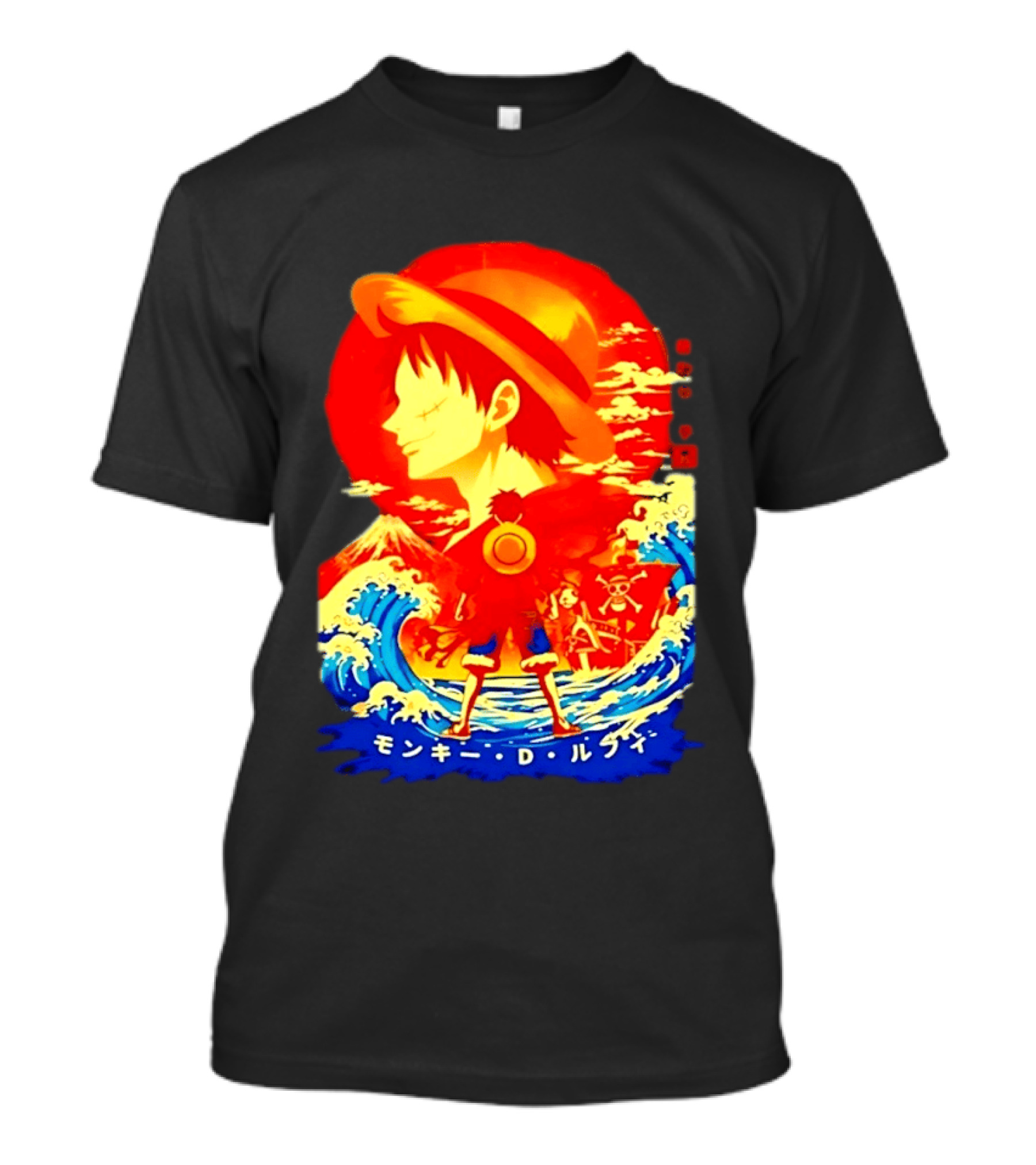 Monkey D. Luffy Straw Hat Waves Japanese Text One Piece Anime T-Shirt