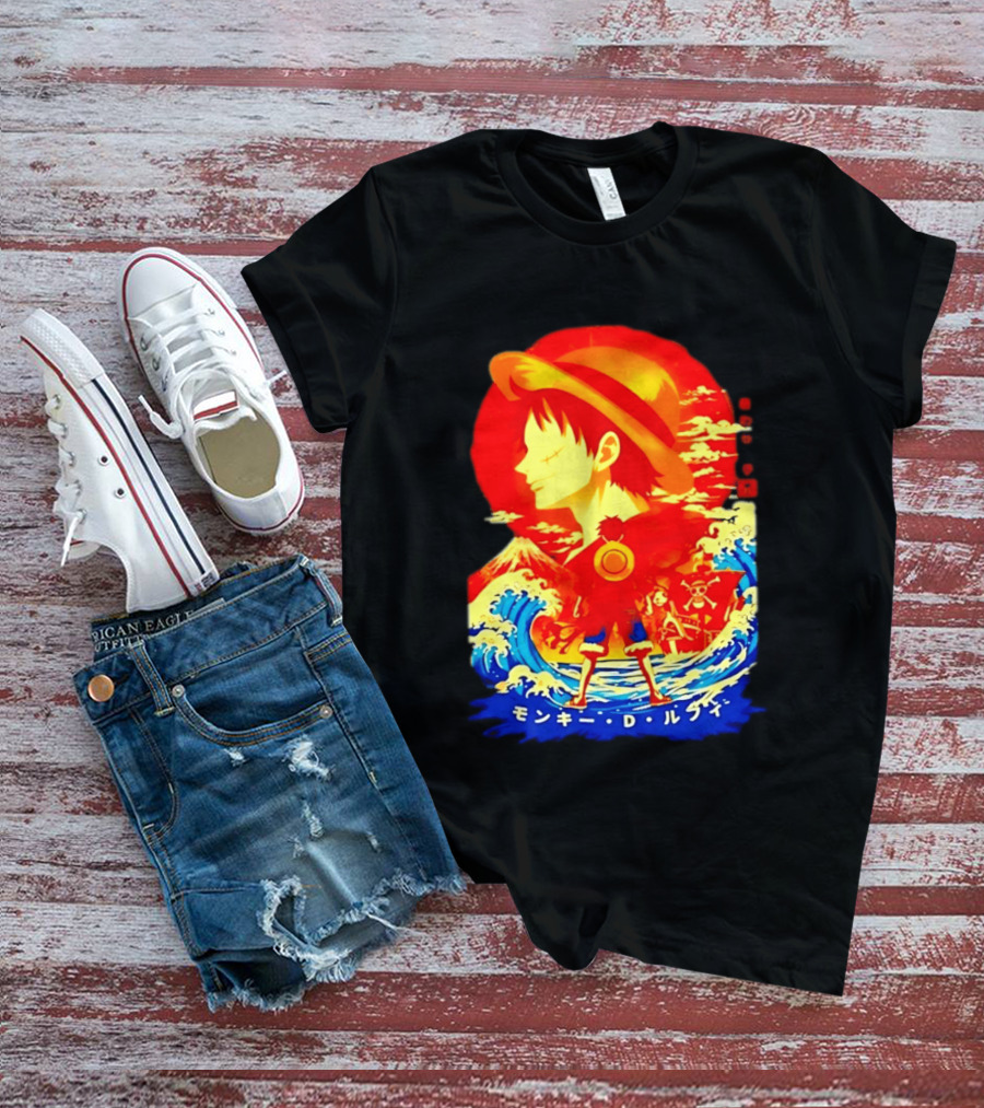 Monkey D. Luffy Straw Hat Waves Japanese Text One Piece Anime T-Shirt