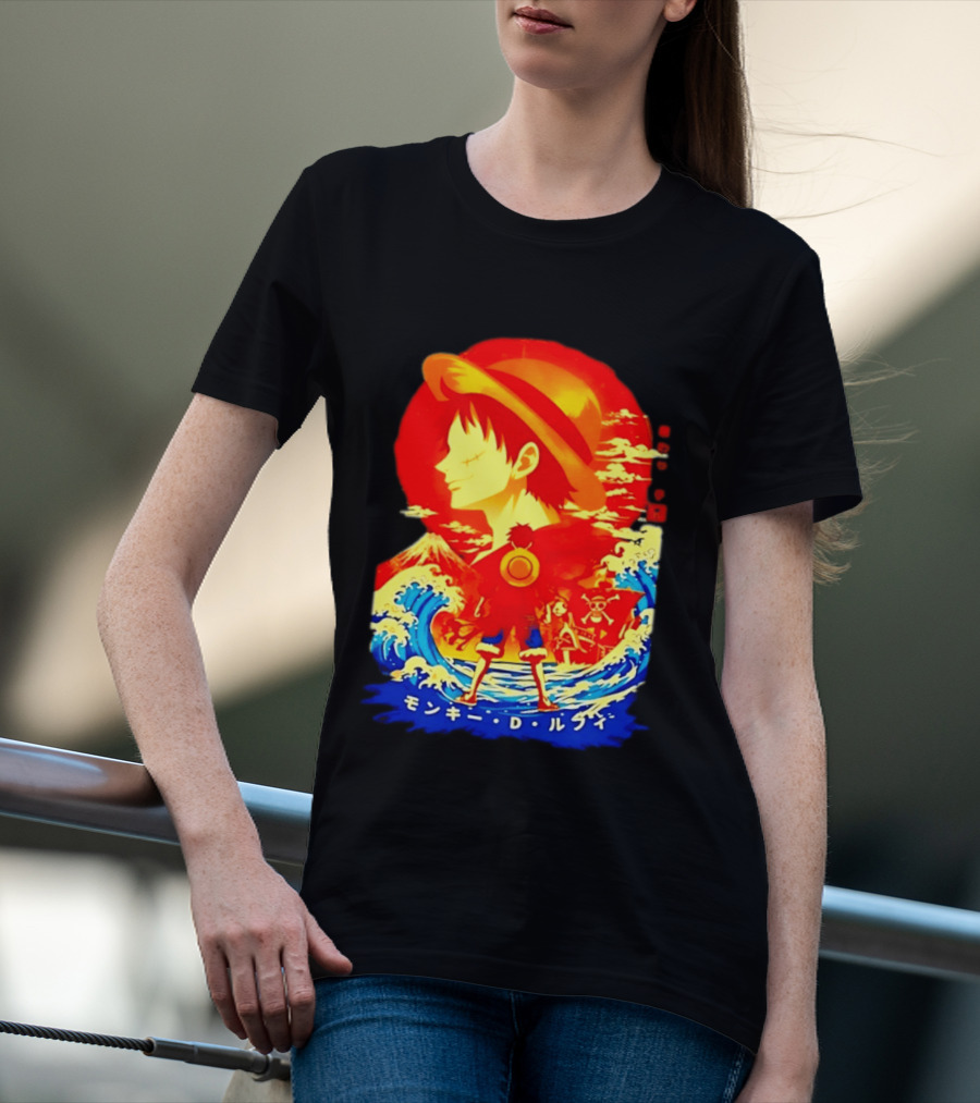 Monkey D. Luffy Straw Hat Waves Japanese Text One Piece Anime T-Shirt