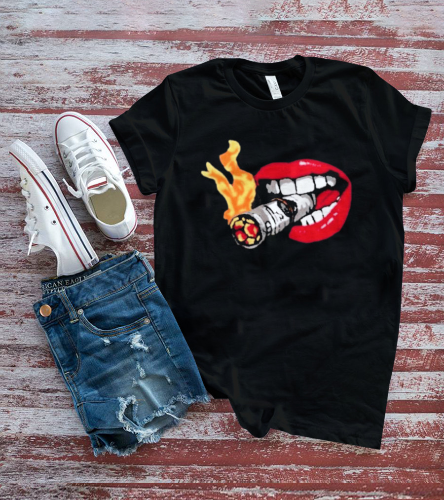 Flaming Smoking Money Lips Chenille T-Shirt
