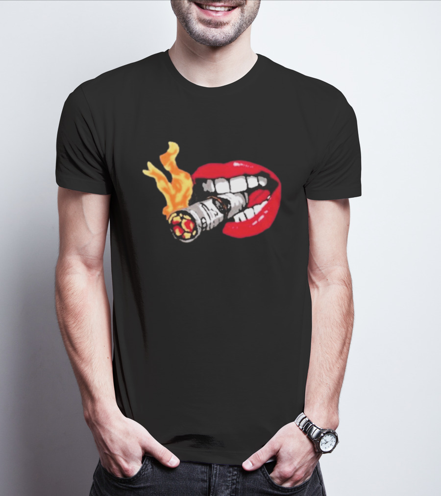Flaming Smoking Money Lips Chenille T-Shirt