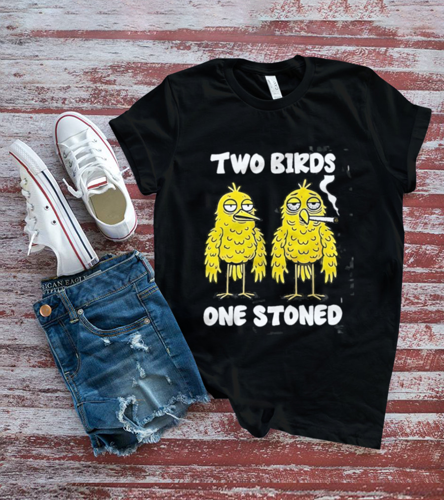Two Birds One Stoned Smoking Cartoon Humor T-Shirt