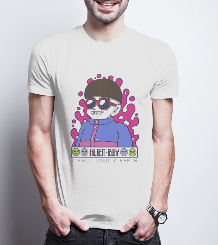 Alien Boy I Fell Down 2 Earth Cool Kid Retro Pink Smiley Vibes T-Shirt