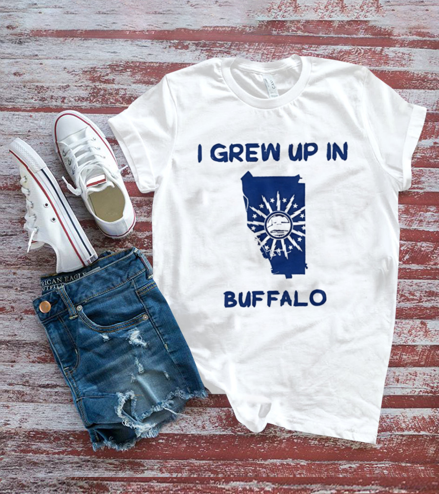 I Grew Up In Buffalo Map With Buffalo Silhouette And Sunburst T-Shirt