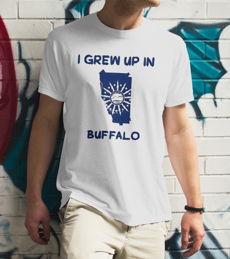 I Grew Up In Buffalo Map With Buffalo Silhouette And Sunburst T-Shirt