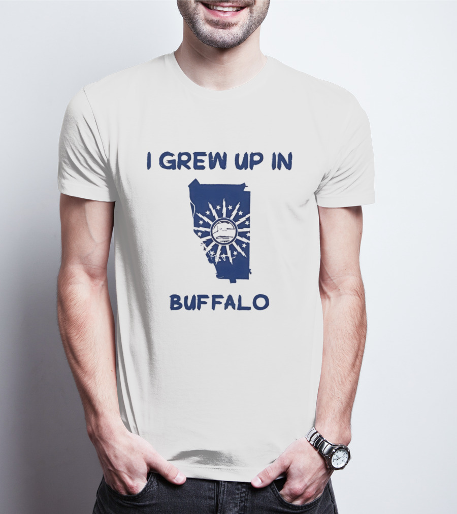 I Grew Up In Buffalo Map With Buffalo Silhouette And Sunburst T-Shirt
