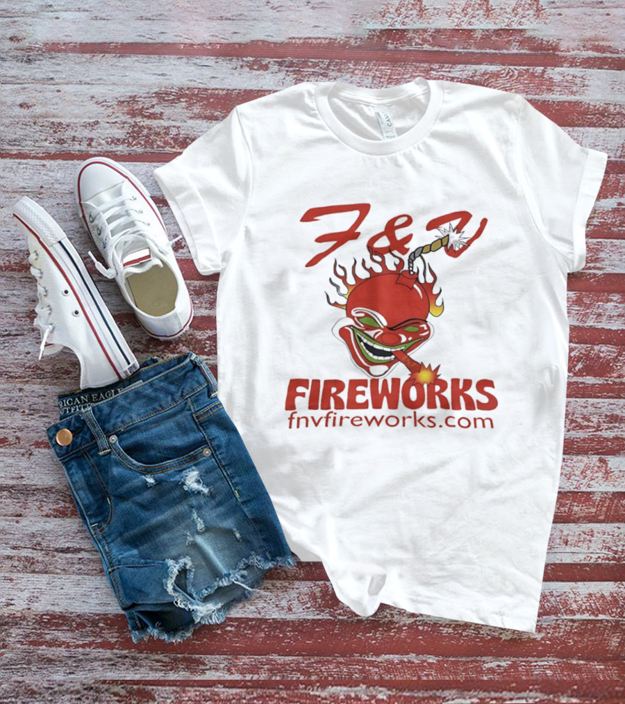 F & V Fireworks Clown Logo With Lit Firecracker And Fnvfireworks.com T-Shirt