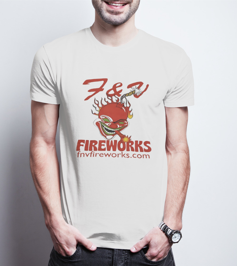 F & V Fireworks Clown Logo With Lit Firecracker And Fnvfireworks.com T-Shirt