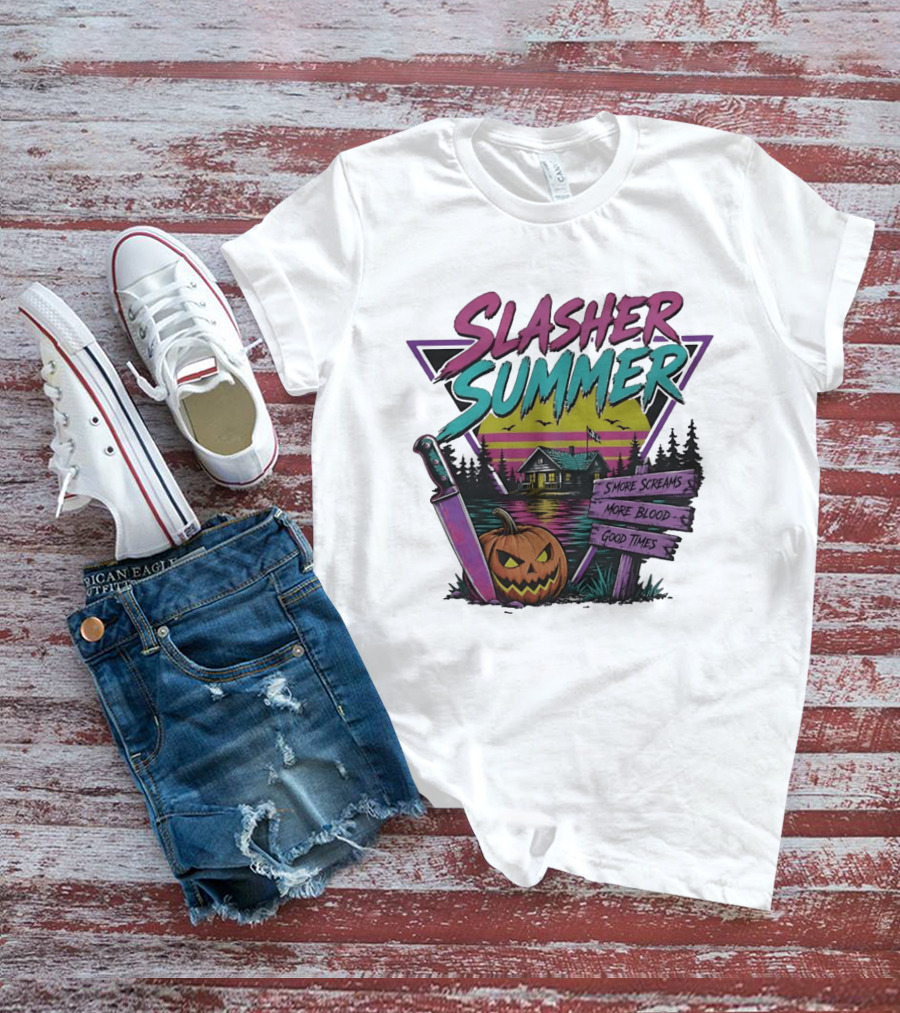 Slasher Summer S'more Screams More Blood Good Times Cabin Pumpkin Knife T-Shirt
