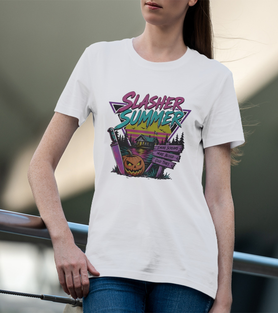 Slasher Summer S'more Screams More Blood Good Times Cabin Pumpkin Knife T-Shirt