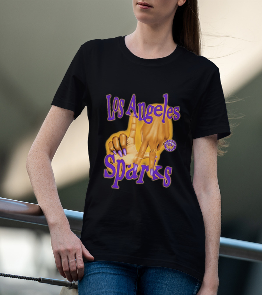 Los Angeles Sparks WNBA Finger Gesture Purple Ink Sketch T-Shirt