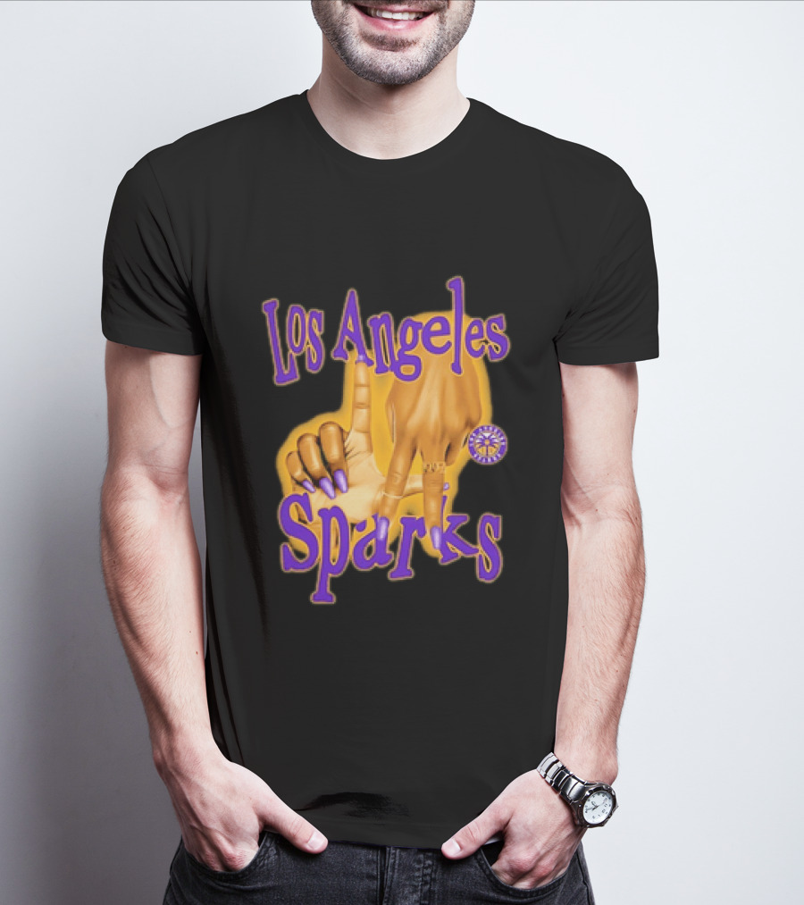 Los Angeles Sparks WNBA Finger Gesture Purple Ink Sketch T-Shirt