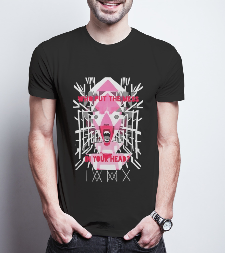 Who Put The Mess In Your Head Pink Abstract Geometric Face T-Shirt