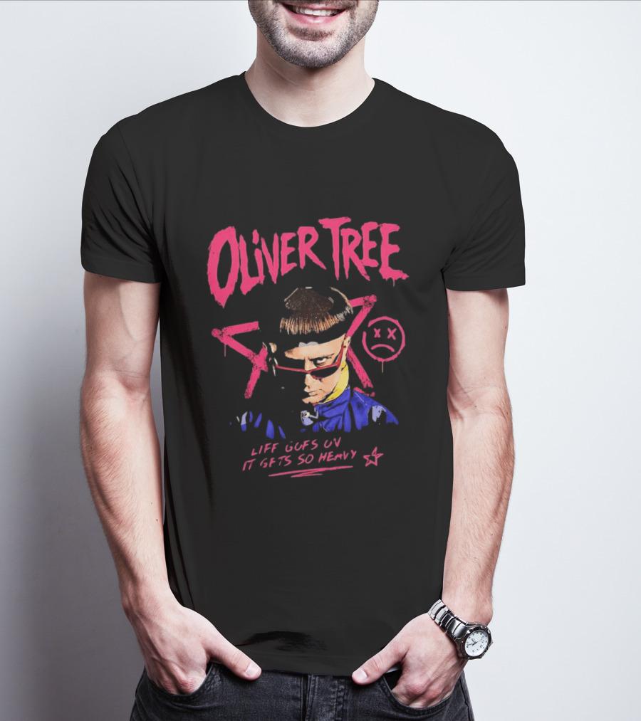 Oliver Tree Life Goes On It Gets So Heavy X Symbol Pink Text Sad Face T-Shirt