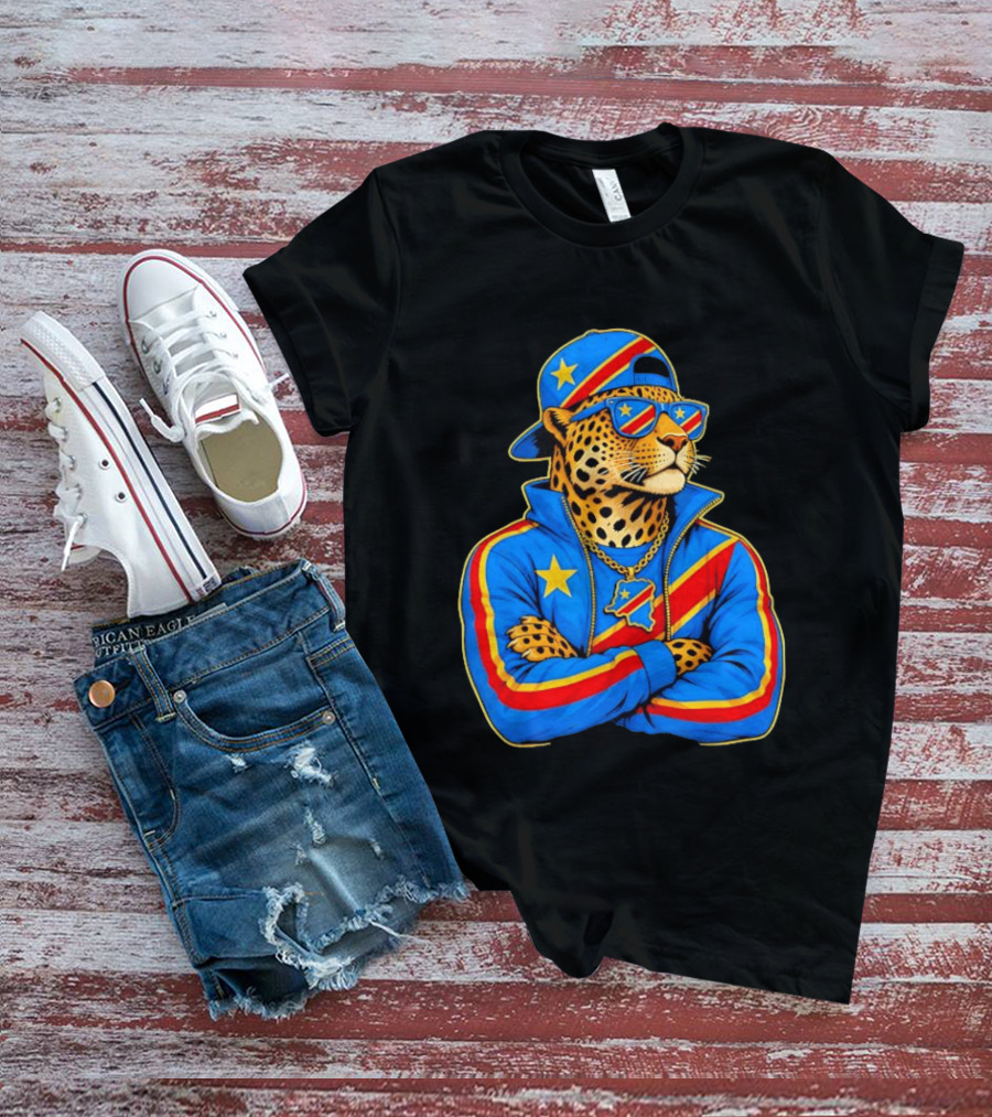 DR Congo Flag Colors Leopard In Hip Hop Style Outfit T-Shirt