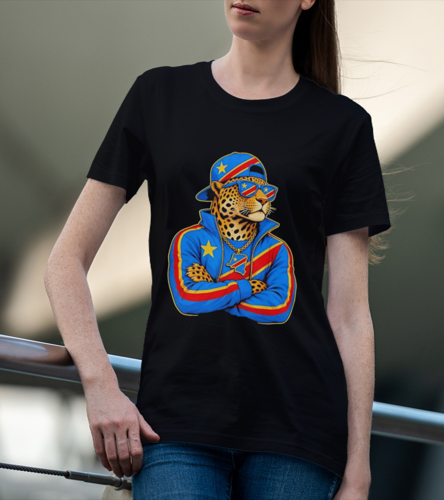 DR Congo Flag Colors Leopard In Hip Hop Style Outfit T-Shirt