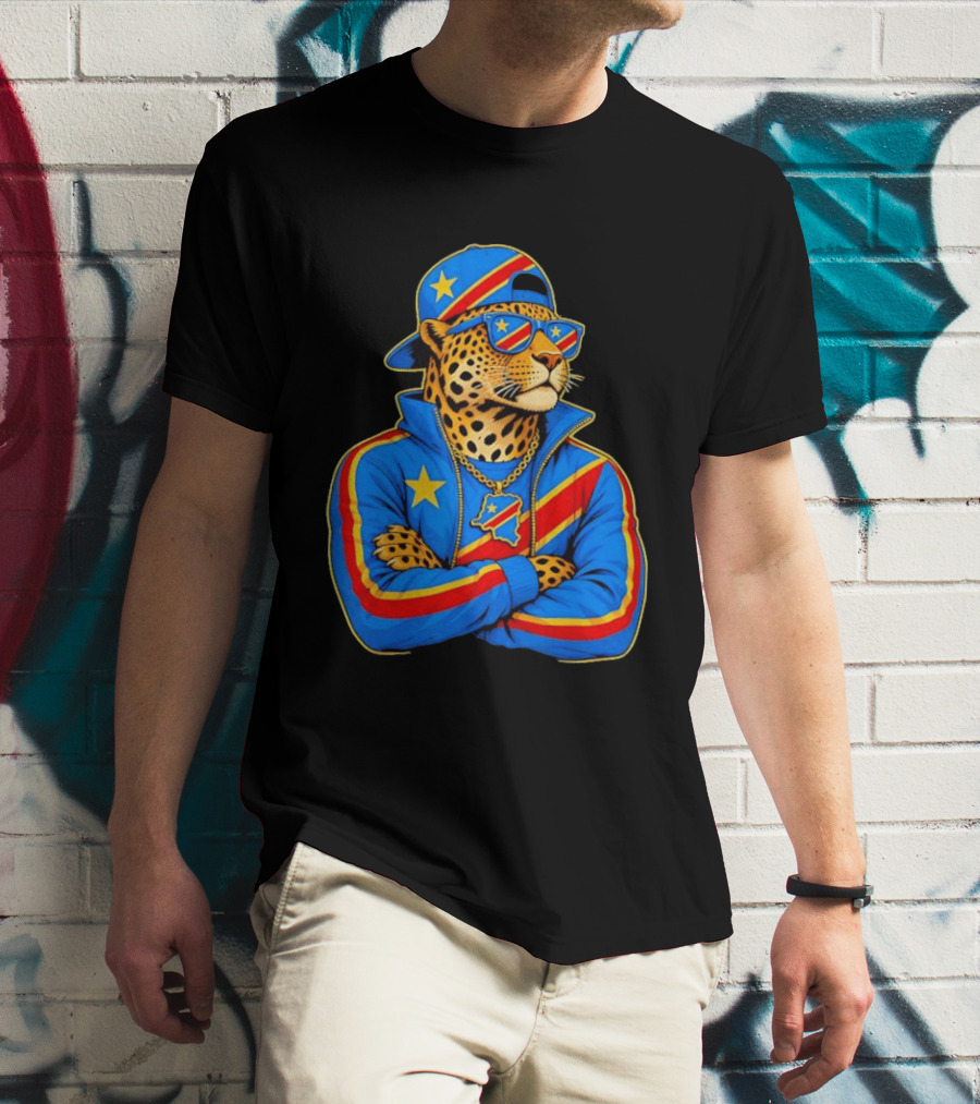 DR Congo Flag Colors Leopard In Hip Hop Style Outfit T-Shirt