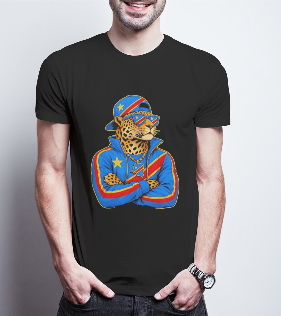 DR Congo Flag Colors Leopard In Hip Hop Style Outfit T-Shirt