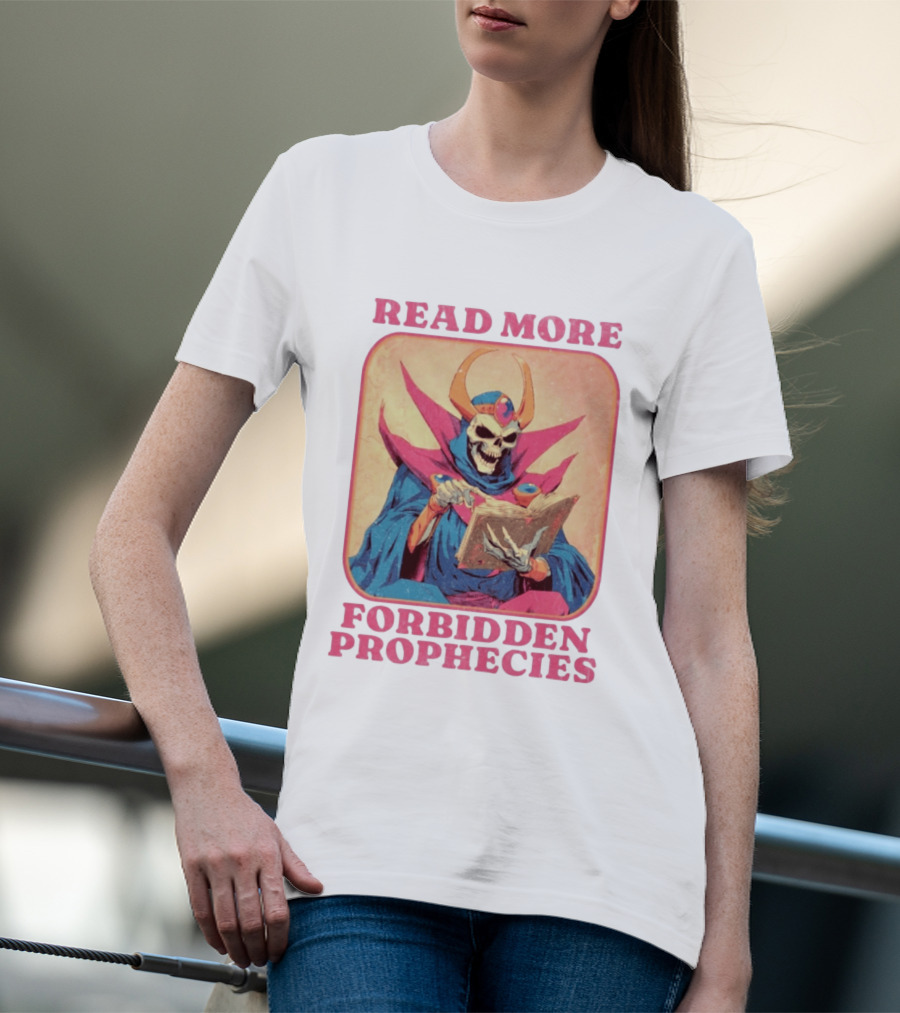 Read More Forbidden Prophecies Skeleton Cloaked Figure Holding Book T-Shirt