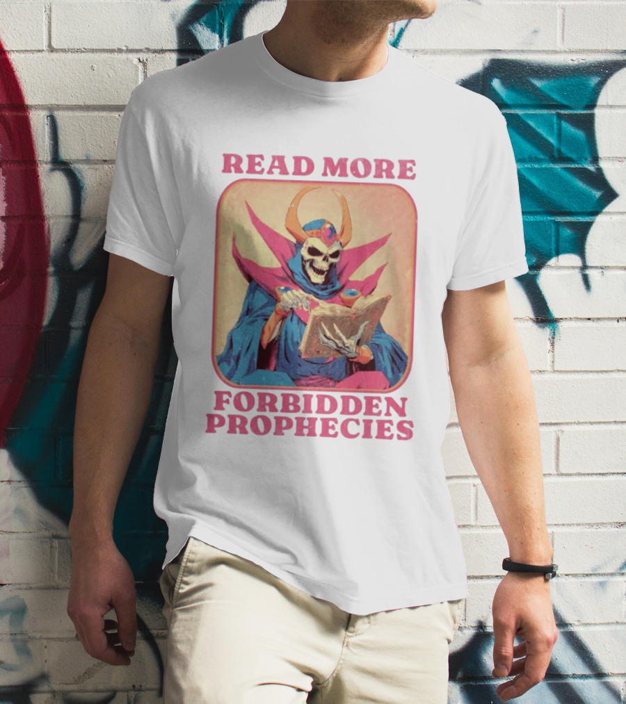 Read More Forbidden Prophecies Skeleton Cloaked Figure Holding Book T-Shirt