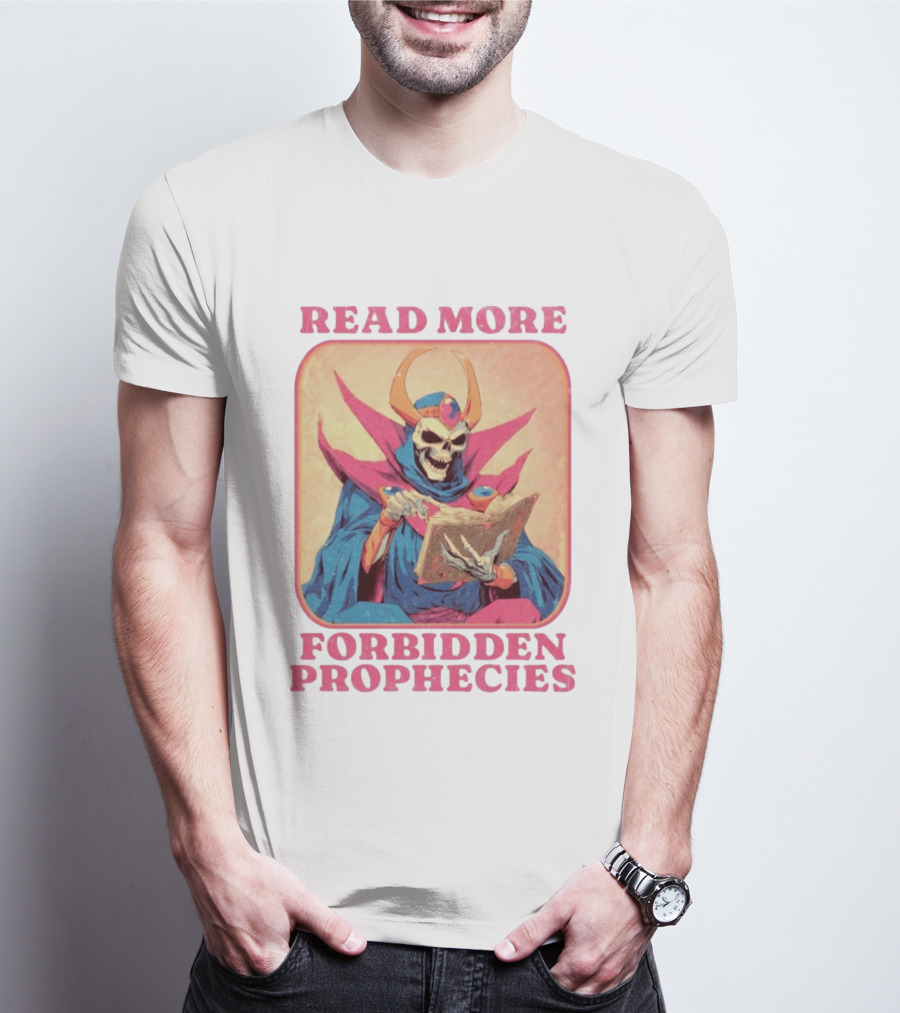 Read More Forbidden Prophecies Skeleton Cloaked Figure Holding Book T-Shirt
