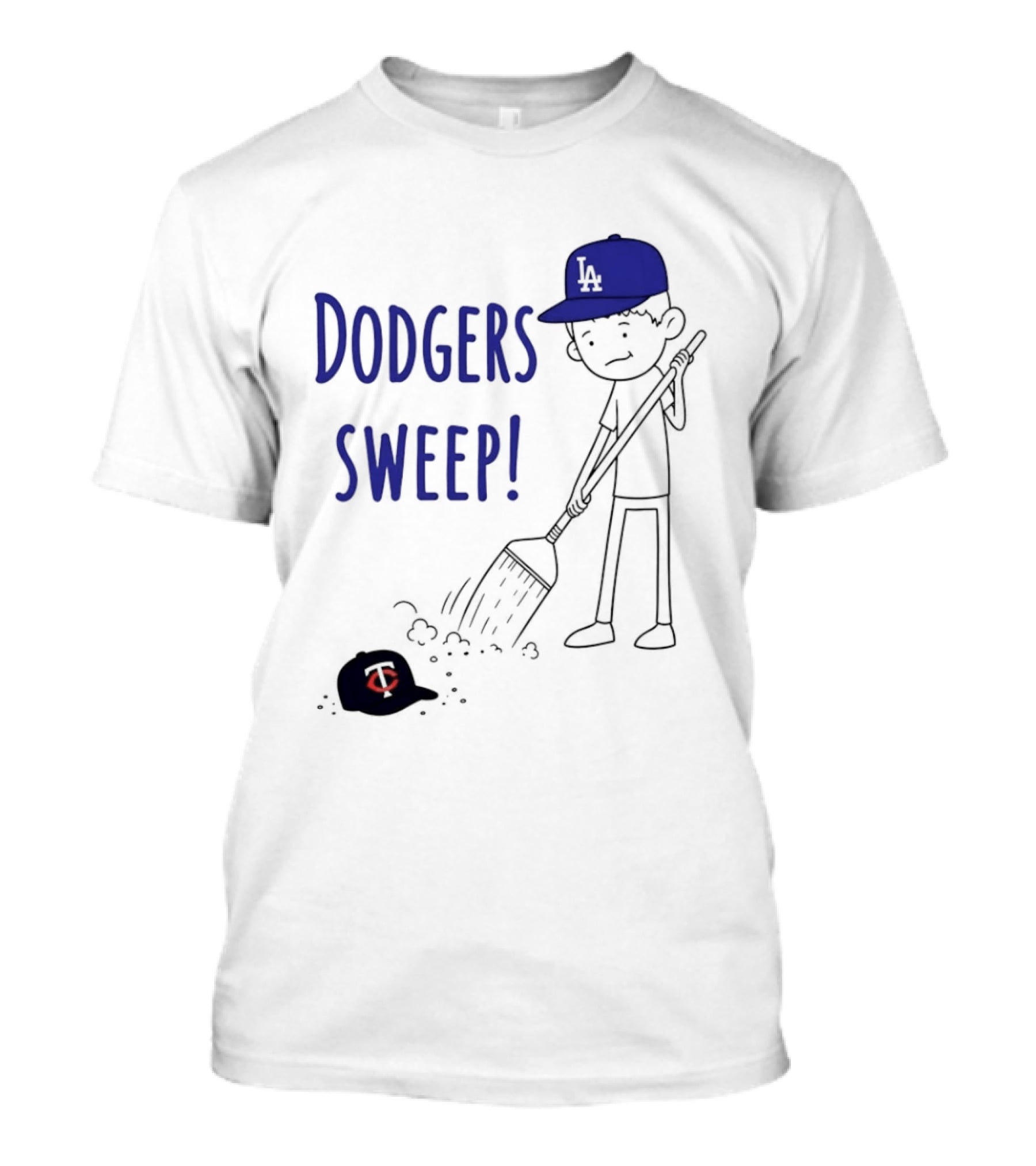 Dodgers Sweep Cartoon Figure In LA Cap Broom Action T-Shirt