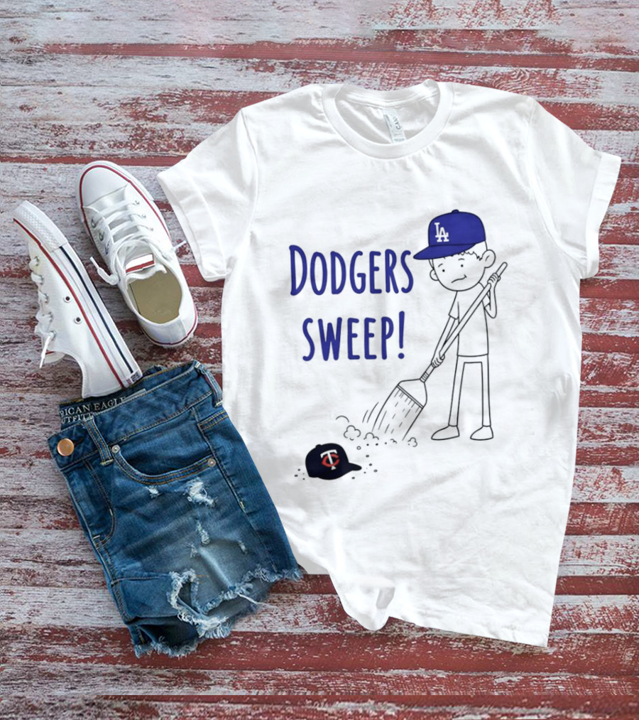Dodgers Sweep Cartoon Figure In LA Cap Broom Action T-Shirt