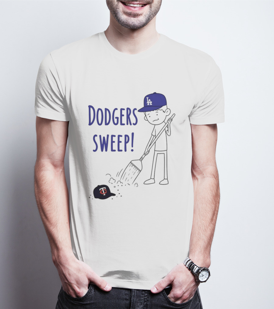 Dodgers Sweep Cartoon Figure In LA Cap Broom Action T-Shirt