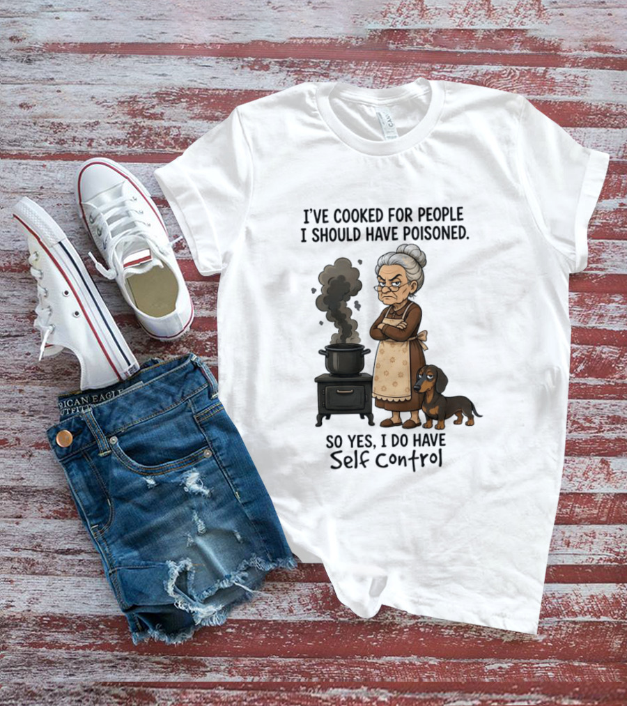 Grandma And Dachshund Cooking Humor Self Control Poised Patience T-Shirt