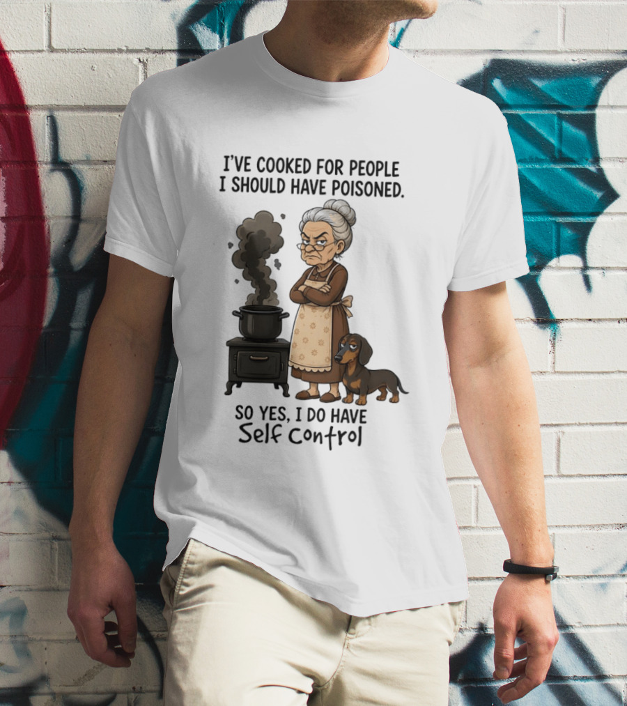 Grandma And Dachshund Cooking Humor Self Control Poised Patience T-Shirt