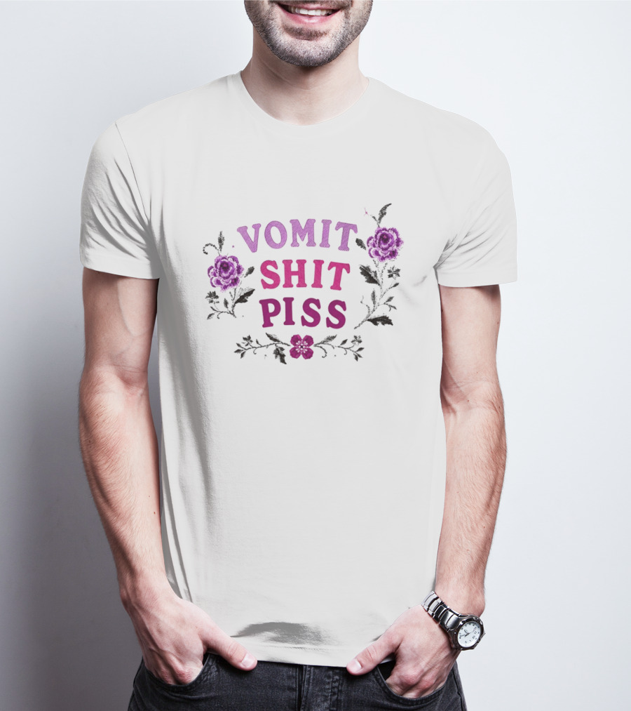 Vomit Shit Piss Floral Embroidery Roses T-Shirt