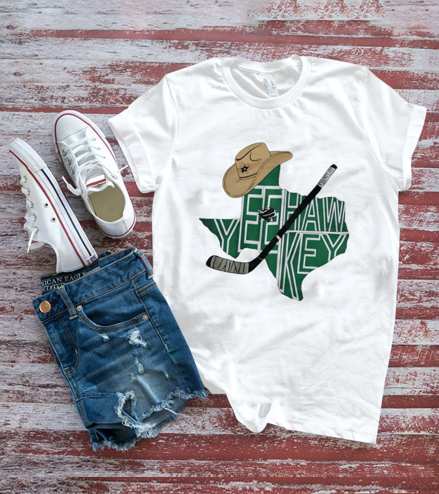 Yeehaw Key Texas Hockey Dallas Stars NHL Cowboy Hat Hockey Stick Map T-Shirt